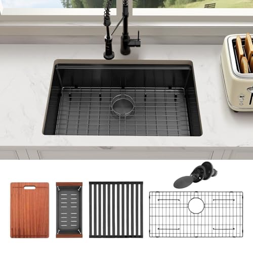Image of 27 inch Undermount Kitchen Sink,16 Gauge Stainless Steel Black Kitchen Sink,Single Bowl Undermount Workstation Sinks (Black, 27 X 18 inch)