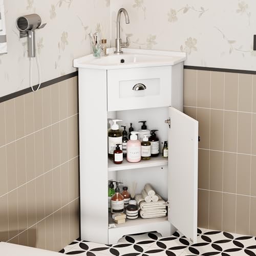 DUlVBPE Mueble de baño para ahorrar espacio, modelo de pie con lavabo individual, cuerpo impermeable de MDF, lavabo de cerámica, mango de metal, superficie de melamina sin pintura, armario de