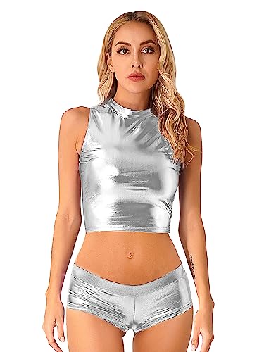 Women Shiny Metallic Vest Crop Top Low Rise Shorts Bikini Bottoms 2Pcs Swimsuit Outfits Set
