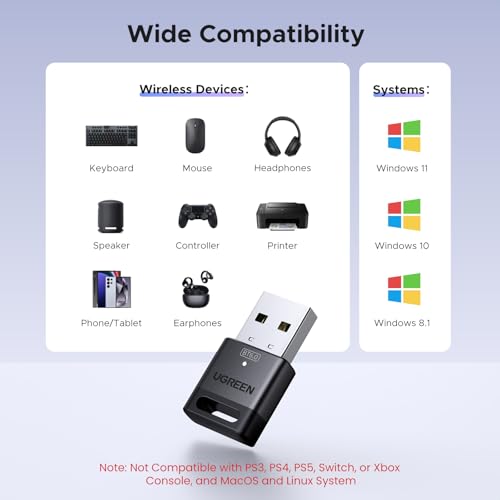 Image of UGREEN USB Bluetooth Adapter for PC, Bluetooth 6.0 Dongle Receiver EDR & BLE, Plug & Play for Windows 11 /10 /8.1, for Headphone /Keyboard /Mouse /Speakers /Printer