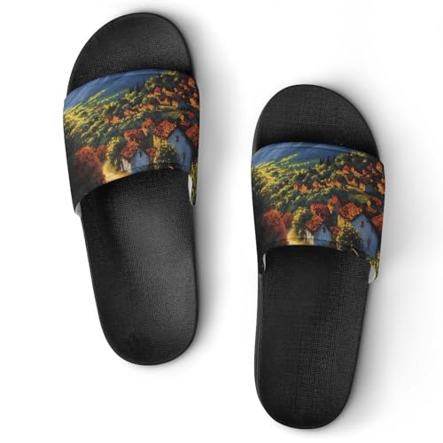 Sunset Village Scenery Funny House Sandals Non Slip Shower Slippers Quick Drying Bathroom Shoes for Women Men