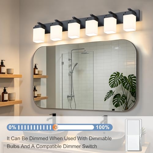 Image of Matte Black Bathroom Light Fixtures, 6 Lights Bathroom Lighting Fixtures Over Mirror, Square Design & Rectangle Large Backplate, Modern Vanity Lighting Fixtures, for Living Room /Bedroom