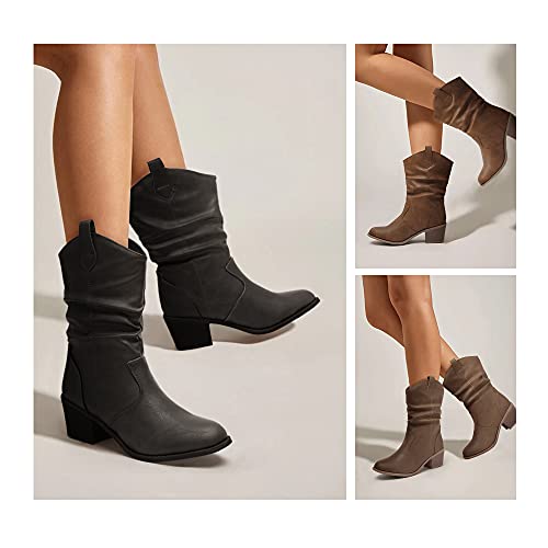 Katliu Women's Western Cowboy Boots With Pull-Up Tabs Mid-Calf Boots Low Heel Brown #TOP1