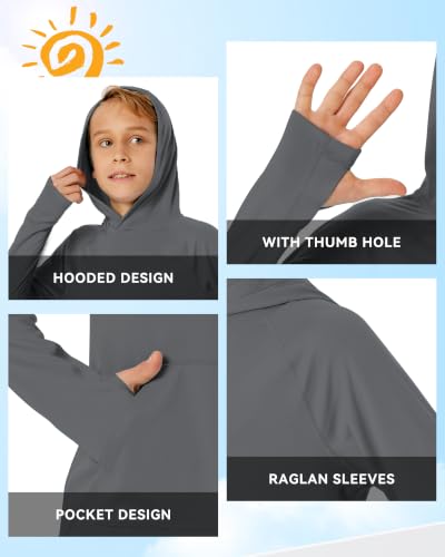 Image of Boys Rash Guard Long Sleeve Hoodie Swim Shirt with Pocket Youth Kids UPF 50+ Sun Protection Fishing Shirts Thumb Hole