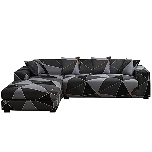 ShowyLive Lot de 2 Housse de Canapé Extensible 3 Places+4 Places Housse de Canapé d'angle en Forme de L pour Canapé de Angle, Protection Canapé d'angle, Carreaux Noirs