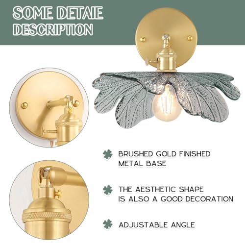 Image of Bathroom Vanity Light Over Mirror, Vintage Glass Wall Sconce Dark Green Flower Glass Shade Gold Brass Wall Sconce Mid Century Modern Vanity Wall Light for Farmhouse Bedroom Doorway