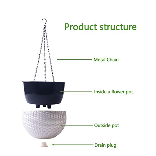 2 Pack Hanging Basket Planters, 2 Size Self-Watering Hanging Planter with Drainer and Chain for Indoor-Outdoor (White)