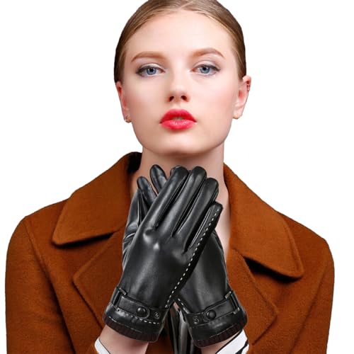 flintronic Guantes de Cuero con Pantalla Táctil para Mujer, Guantes Suaves Negros Cálidos de Invierno, Guantes de Ciclismo con Forro de Vellón Polar/S