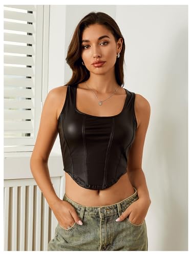 Floerns Women's Square Neck Asymmetrical Hem Sleeveless Shirts PU Leather Club Tank Top4