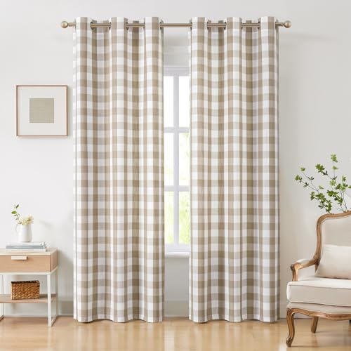 Image of Amzdecor Buffalo Plaid Grommet Curtains 84 Inch Length, Tan Semi-Sheer Gingham Check Farmhouse Rustic Textured Curtains Drapery for Living Room Bedroom,2 Panels （40" x 84",Beige/Tan & White）