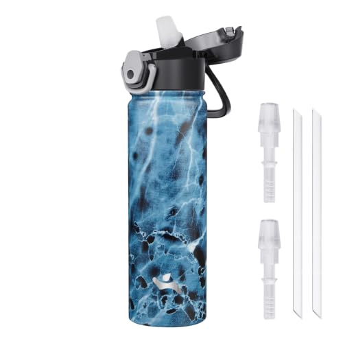 Image of Konokyo 22 oz Insulated Water Bottle with Straw, Carry Loop, Marble Ocean