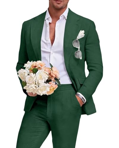 Image of Men's Linen Suit 2 Piece Slim Fit Summer Beach Wedding Prom Party | Breathable,Linen Blazer Suit Set,for Beach Weddings,Groom Wear,Prom and Outdoor Parties,Business Casual,Vacation Daily Wear