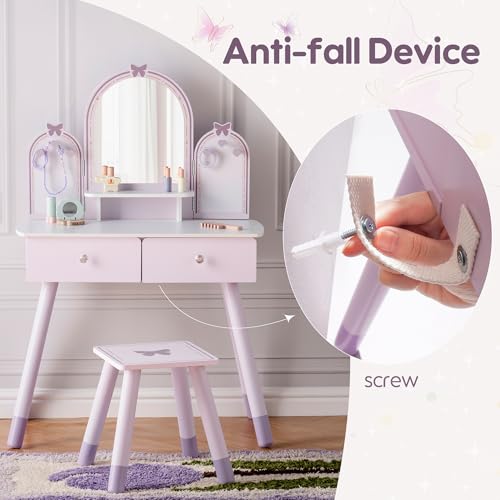 Image of ROBOTIME Purple Kids Vanity Set, Makeup Vanity Desk with Mirror, Chair and Storage Drawers, Little Girl Dressing Table with Stool for Toddlers Ages 3+