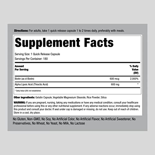 Piping Rock Alpha Lipoic Acid | 600 Mg | 180 Capsules | With Biotin Optimizer | Non-Gmo, Gluten Free Supplement #TOP1