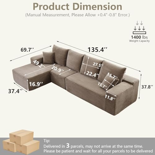Image of 135 inch Cloud Sectional Couch with L-Shape Chaise, Modern Modular Comfy Sofa with Deep Seat, Upholstered Corduroy Couches Sleeper Chaise Longue for Living Room Bedroom, No Assembly Required, Camel