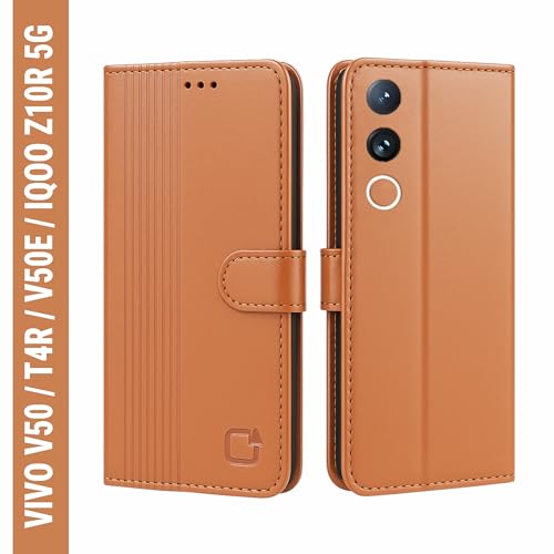 Image of AIBEX Shock Proof Flip Compatible for Vivo T4R 5G /IQOO Z10R 5G /Vivo V50 5G /Vivo V50E 5G Flip Cover Leather Finish|Inside TPU with Card Pockets|Wallet Stand|Complete Protection Flip Case - Brown