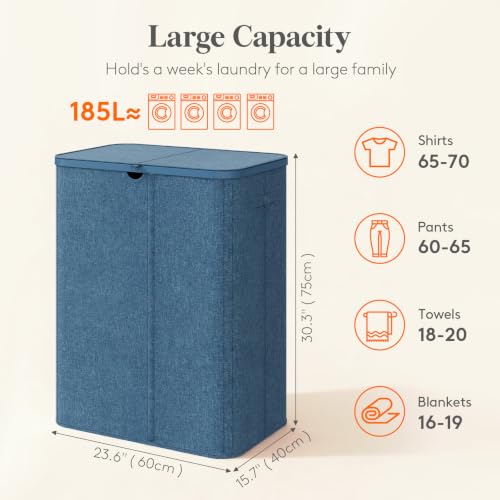Image of Lifewit 185L 3 Section Laundry Hamper with Lid, Large Laundry Basket with Handles and Removable Bags, Tall Clothes Hamper, Foldable Laundry Sorter for Bedroom Bathroom, Dark Blue