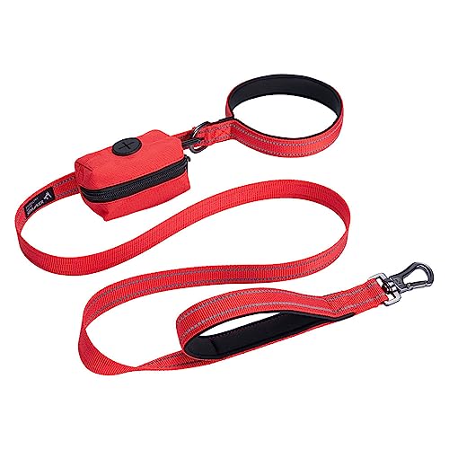 EXCELLENT ELITE SPANKER Reflective Nylon Dog Training Leash Strong Durable Dog Leash 5 Feet Long 1" Wide with Poop Bag Holder for Small and Medium Dog(Red)