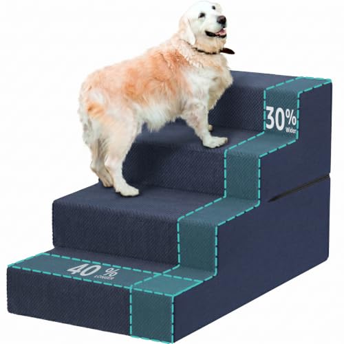 Image of YENING Large Dog Stairs for High Beds - 24 Inches Tall Extra Wide Pet Steps for Large Dogs to Get on Bed 4 Deep Step for Couch Navy Blue