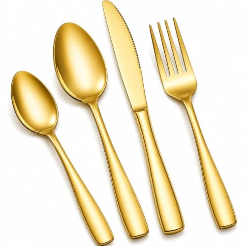 Image of Clovis Stainless Steel Flatware Set 4 Pieces, Titanium Plated Mirror Finish, Cutlery Set for 1 with Knife Fork Spoon and Teaspoon, Gold