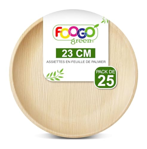 FOOGO Green 25pcs Assiettes Jetables Feuille de Palmier, 23cm Grandes Rondes, Écologique Biodégradable Compostable Comme Assiettes Bois, Bambou, Papier,...