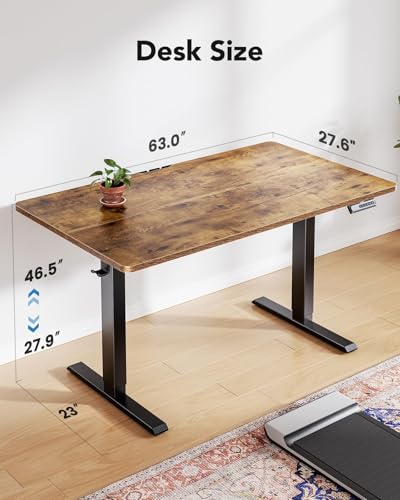 HUANUO 63" x 28" Electric Standing Desk Adjustable Height, 4 Memory Height Settings, Headphone Hook, Cable Manager, Sit Stand Up Desk for Home Office & Computer Workstation, Vintage Brown