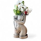 Marbol Art Female Body Planter, Shy Woman Plant Pot, Body Vase, Plant Lover Gift with Drainage Hole and drip Tray (Warm Gray Color) (Large)