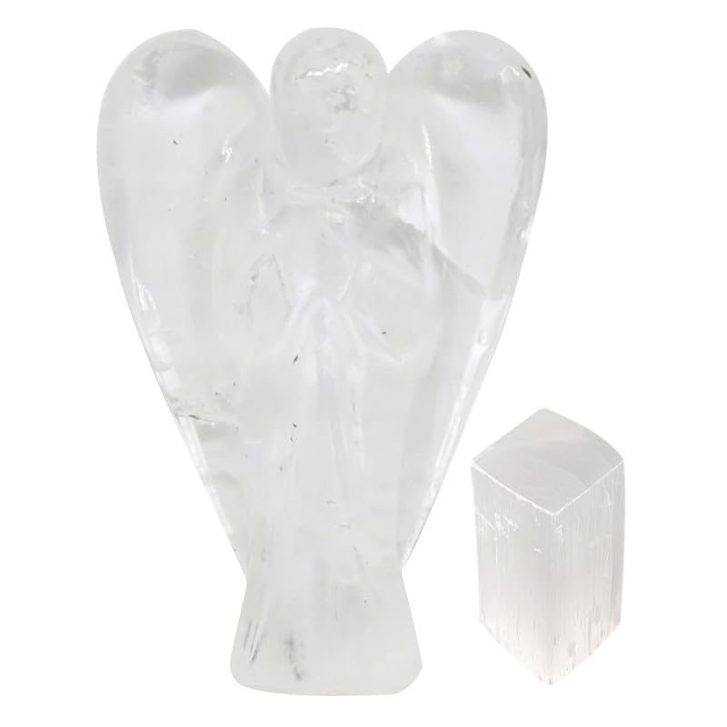 EDZZEL Clear Crytsal Quartz Crystal Pocket Guardian Angel Figurine Hand Carved Gemstone Statue - 2 inche With Selenite Cube (1Pcs)
