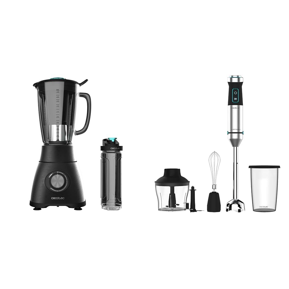 Cecotec Batidora de Vaso Power Black Titanium 2500MAX Go. 2500W Máxima Potencia & Batidora de mano Power TitanBlack 1500 XL Cream&Crush. Potencia 1500 W, Cuchilla 4 hojas