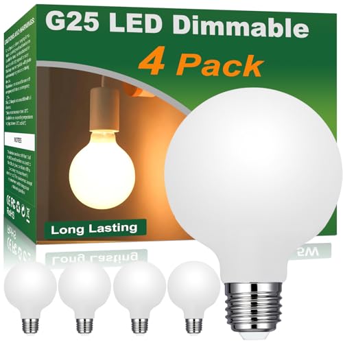 Image of Vinaco G25 LED Light Bulb Dimmable 6W 120V 2700K for Bathroom Vanity Mirror | 4PCS, 450LM, 60W Eq. Warm White, High CRI90+, NO Flicker, Milky Frosted Glass, Long Lasting, E26 Base, for Pendant Light