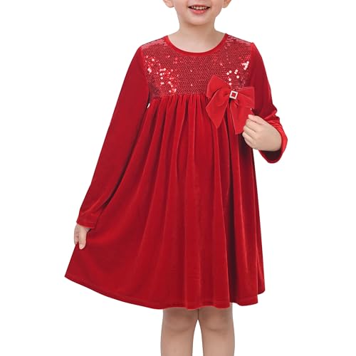 Vestido para niña Rojo Terciopelo Brillante Lentejuela Bow Manga Larga Diamante de imitación Navidad Pageant Boda 8 años