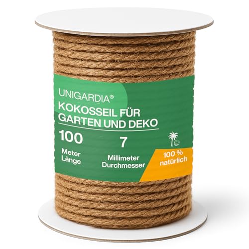 UNIGARDIA Kokosseil für Pflanzen 100 m - Kokosstrick für Bäume 7 mm - Kokosschnur als Baumbinder Rankhilfe Gartenschnur - 100% Naturband für Dekoration & Kokosfaser für Kratzbäume