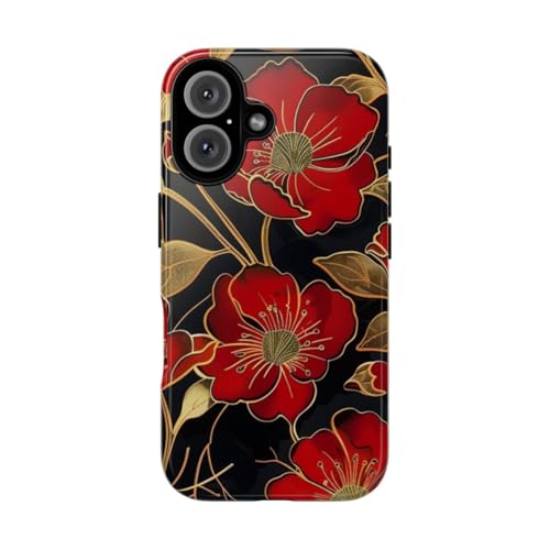 Coque rigide brillante iPhone 16 motif floral rouge doré protection chic