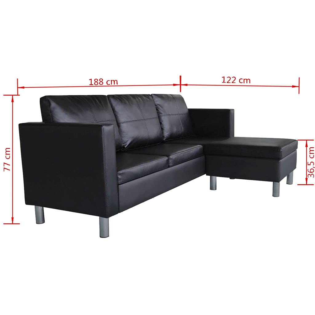 Sofá en forma de L de 3 plazas, sofá de salón, sofá acolchado, para salón, dormitorio, oficina, apartamento, centro de entretenimiento familiar, sofá de montaje, piel sintética, color negro
