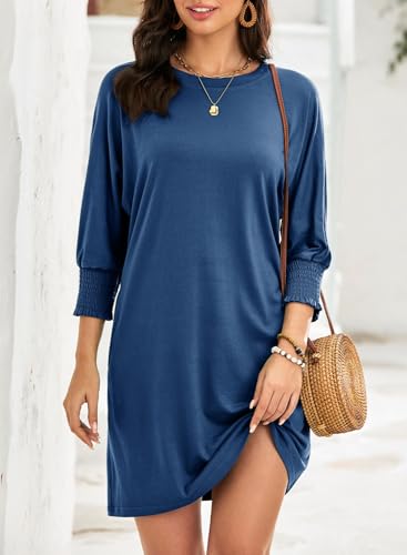 Image of Dokotoo Womens Dresses 2025 Spring 3 /4 Sleeve Fashion Dresses Crewneck Casual Mini Dress with Pockets S-XL