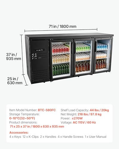 Image of VEVOR Back Bar Cooler, 19.6 Cu. Ft Counter Height Beverage Refrigerator, Commercial Bar Display Fridge w / 3 Glass Doors, LED Lighting, Fan Cooling Beer Wine Cooler for Pub, Merchandiser, Store