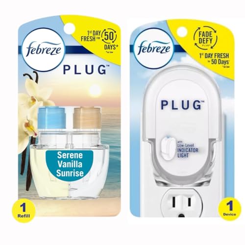 Febreze Odor-Fighting Fade Defy Plug Air Freshener Refill Serene Vanilla Sunrise (1 Refill) of 0.87 Fl Oz + Starter Kit