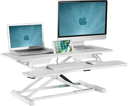 Allcam GSS061 Standing Desk Converter/Sit-stand Workstation w/Keyboard Tray White, Gas Spring Height Adjustable 11-51cm