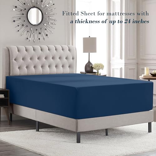 Image of Mocassi Luxury 4-Piece Sheet Set, Ultra Soft 1800 Premium Hotel Quality Microfiber Sheet Set, Fits Mattresses Up to 18 to 24 Inches Extra Deep Pocket - Breathable and Secure Fit, Twin XL, Navy Blue