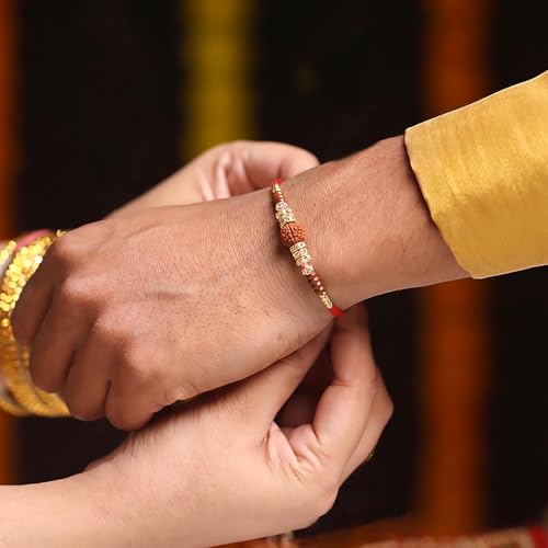 Image of Peora CZ Pearl & Crystals Studded Thread Rakhi for Brother Bhaiya | Combo Set of 3 | Raksha Bandhan Hamper with Roli Chawal & Greeting Card