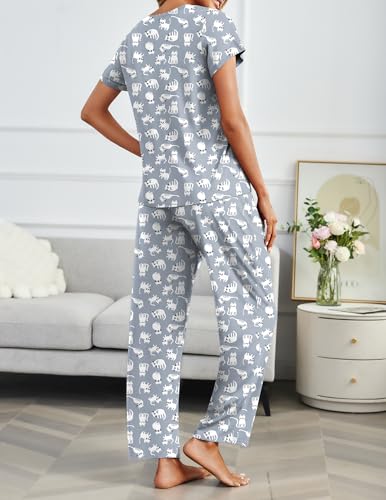 Image of Ekouaer 2 Pack Pajamas for Women Set Short Sleeve Sleepwear Top and Pants Pjs Soft Printed Lounge Sets with Pockets