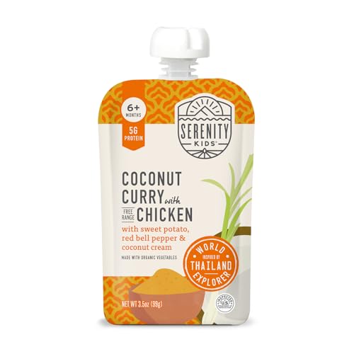 Image of Serenity Kids 6+ Months World Explorers Baby Food Pouches Puree Made With Ethically Sourced Meats & Organic Veggies | 3.5 Ounce BPA-Free Pouch | Chicken Coconut Curry | 1 Count