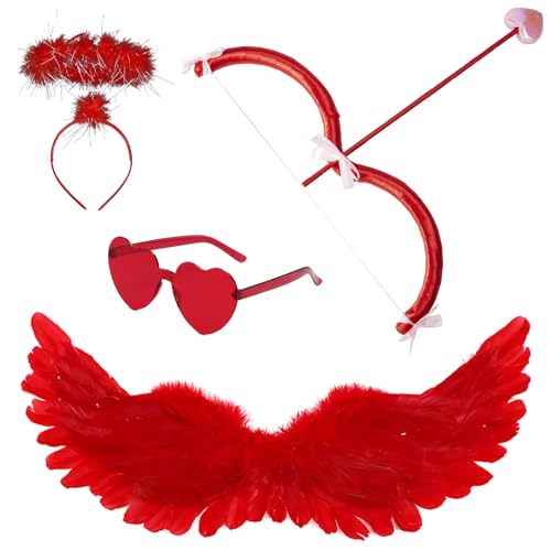 Jwqqwdza 4 Pcs Set of Angel Wings Costume for Valentine's Day, Angel Wings Cupid Bow Heart Glasses Headband Set, Angel Costume Prop (Red, 32