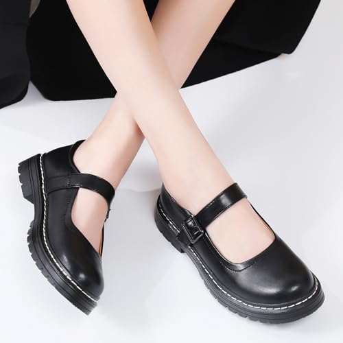 Image of Mary Jane Shoes Women Platform Non-Slip Casual Dress Shoes | Round Toe Ankle Strap Comfort Classics Oxford Work Mary Jane Flat Shoes