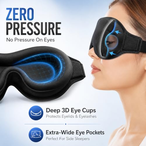 Image of 3D Black Eye Mask for Sleeping Men & Women | Memory Foam Sleep Mask with Adjustable Strap | 100% Blackout Eye Cover Blindfold for Side Sleepers | Soft Travel Sleeping Mask for Flight, Yoga, Office, Nap - Black