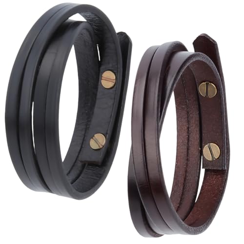 GORGECRAFT 2 Stück 2 Farben Echtes Rindsleder Wickelarmband Stapelbar Mehrlagig Boho Vintage Punk Stil 10mm Schwarze Und Braune Manschettenarmbänder Für Damen Und Herren Handgefertigter Schmuck
