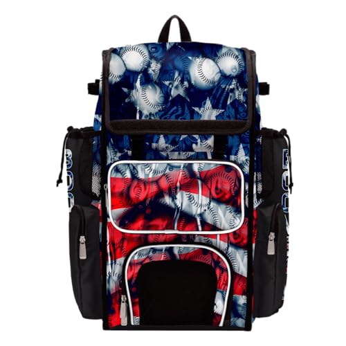Boombah Superpack Bat Bag - Backpack Version (no wheels) - Holds 4 Bats - USA Baseball Ballpark Black/Royal Blue/Red