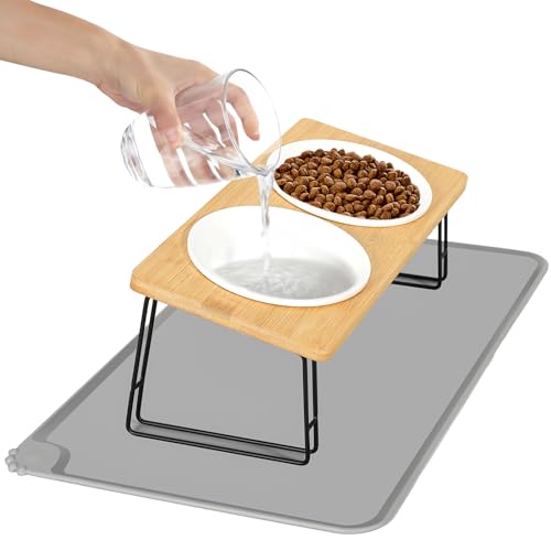 Productos para gatos 🐾😺 217 Otauoaea Comedero Gato Elevado,Comedero Gato,Comederos para Gatos Inclinación de 15°Ceramica con Soporte de Bambú y Antideslizante Alfombrilla,2x350ml Comederos y Bebederos para Gatos y Perros Pequeño