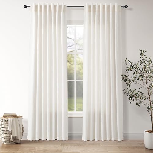 Image of Ivory White Linen Back Tab Curtains 84 Inch Length for Bedroom /Living Room 2 Panel Set Neutral Modern Farmhouse Window Privacy Semi Sheer Linen Drapes Rustic Pinch Curtain Ivory 52X84