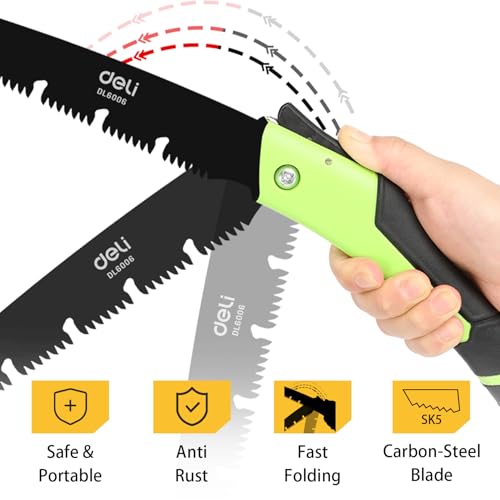 Image of Deli DL6006 7 inch Folding Saw with 170mm Steel Blade ABS Handle 3-Sided Grinding Teeth Secure Lock Handsaw for Pruning Gardening Camping Wood Cutting Tree Branch (Pack of 1, Green Black)